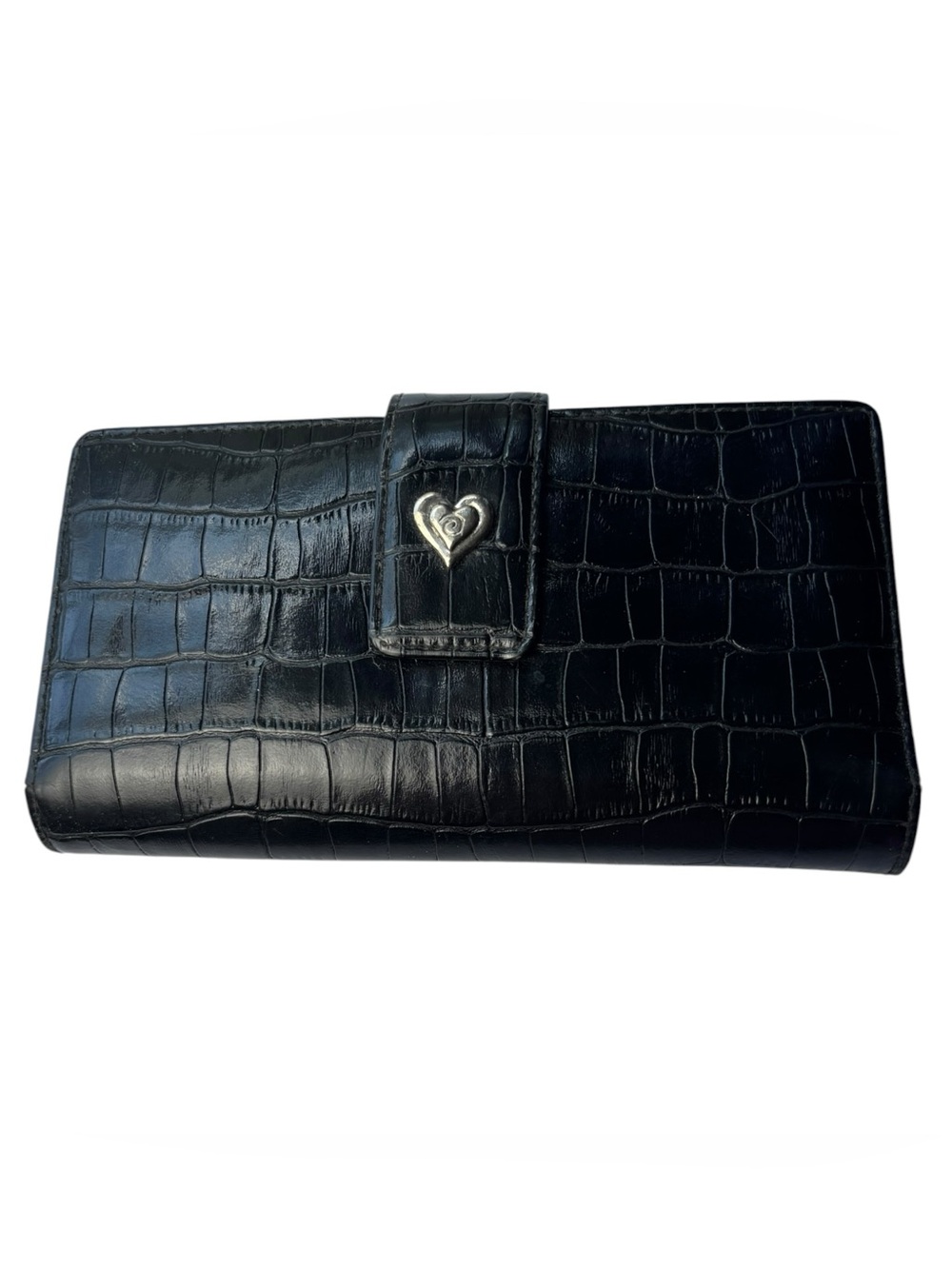 Black Croc-Embossed Vegan Leather Wallet with Heart Charm Closure